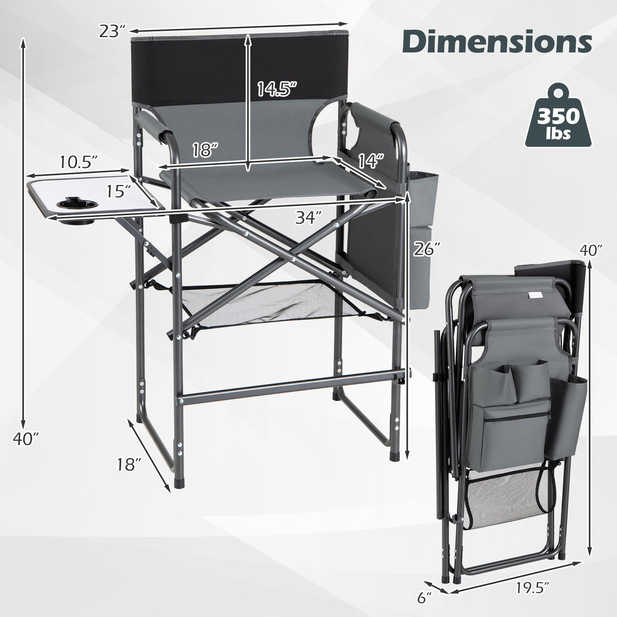 26-Inch Folding Director Chair with Side Table and Cup Holders – Portable Makeup & Styling Chair