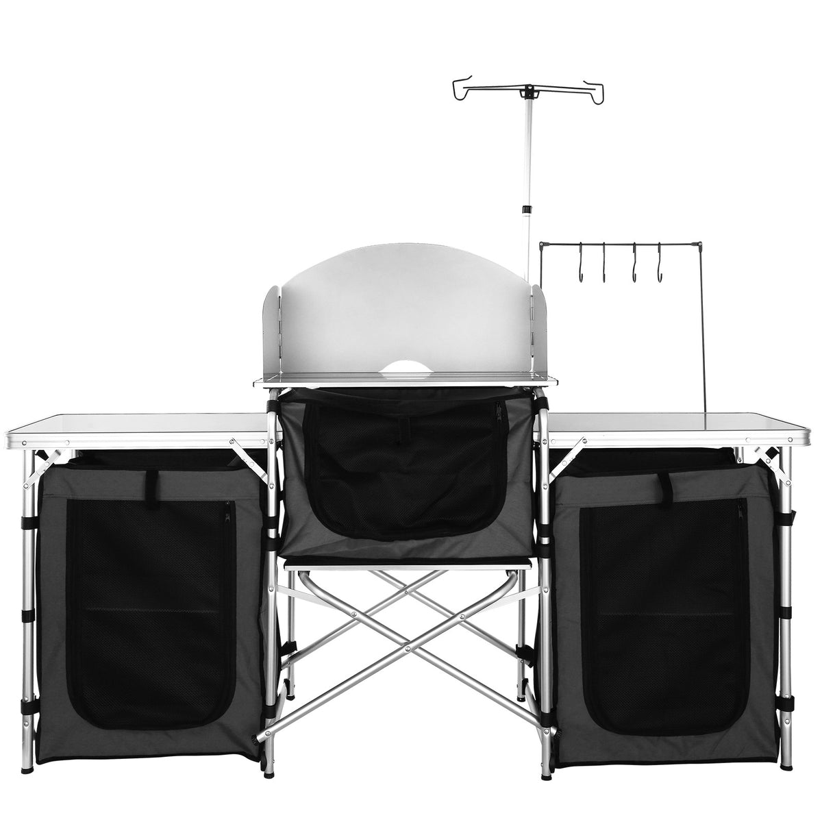 Portable Camping Kitchen Table with 3 Cupboards Folding Outdoor Food Prep Station