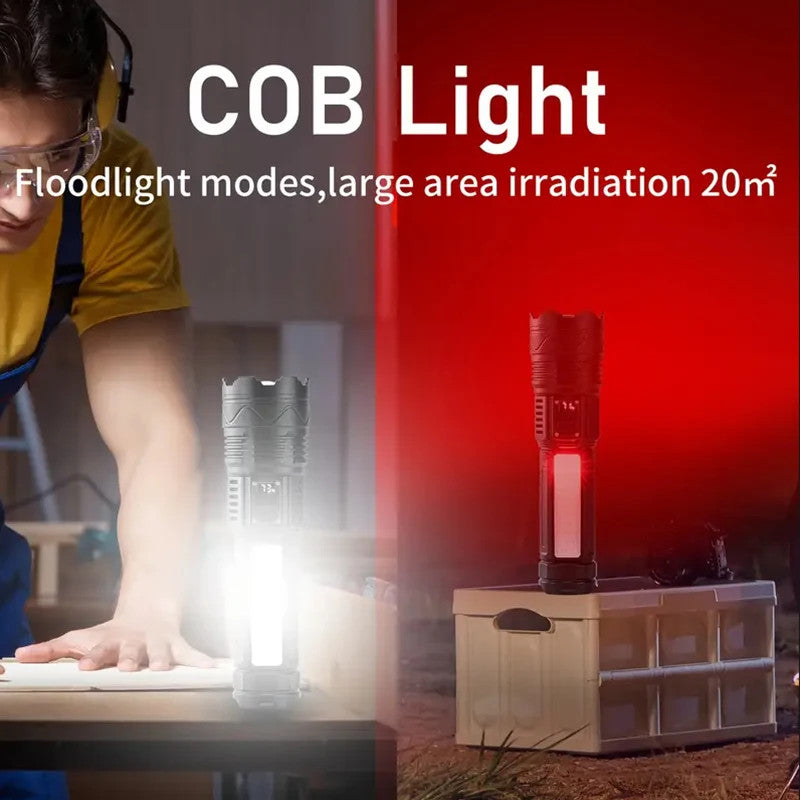 High-Power LED Flashlight with Long Range Zoom, COB Side Light & 15000mAh Battery