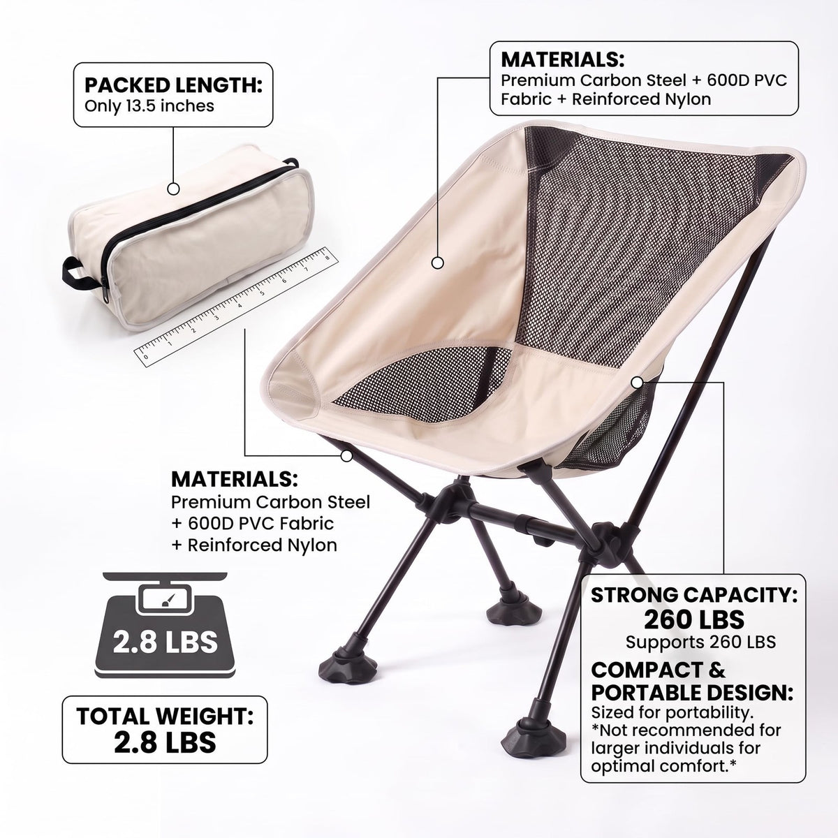Ultralight Portable Camping Chair with Mud Feet Sinking Prevention - Foldable Beige