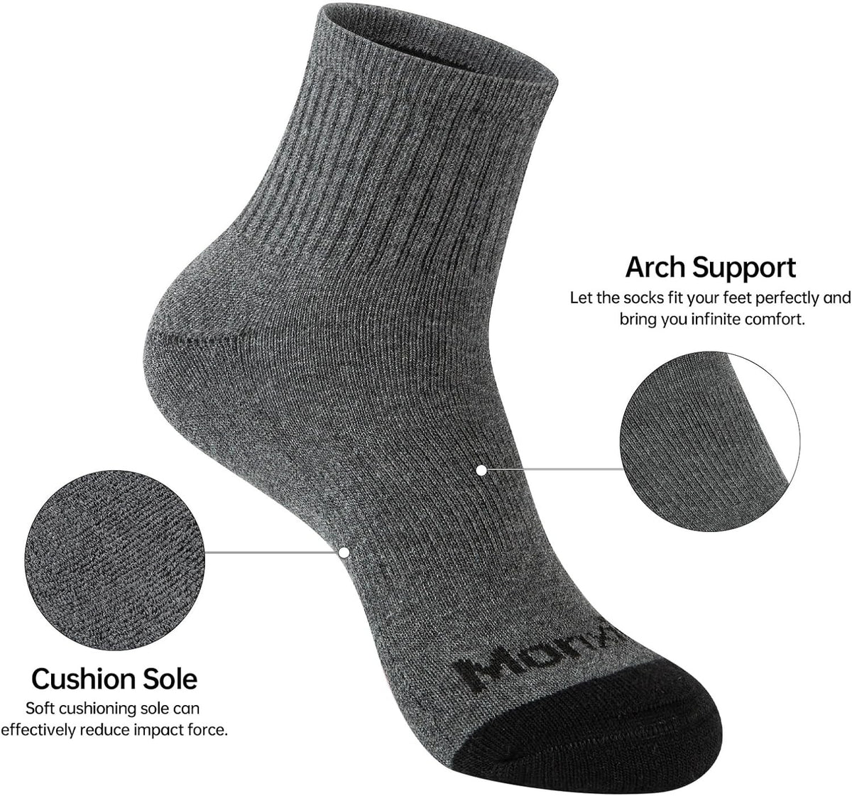 Men's 100% Cotton Cushioned Ankle Socks - Athletic, One Size, 5 Pairs Grey