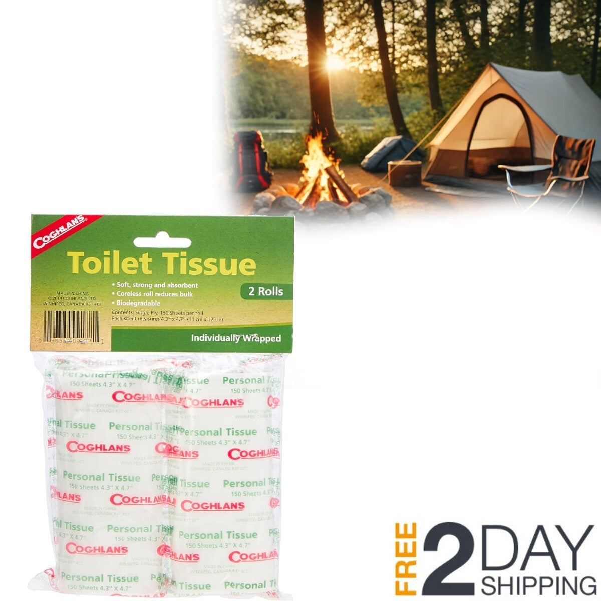 Camping Toilet Tissue 2 Rolls Biodegradable Compact & Packable