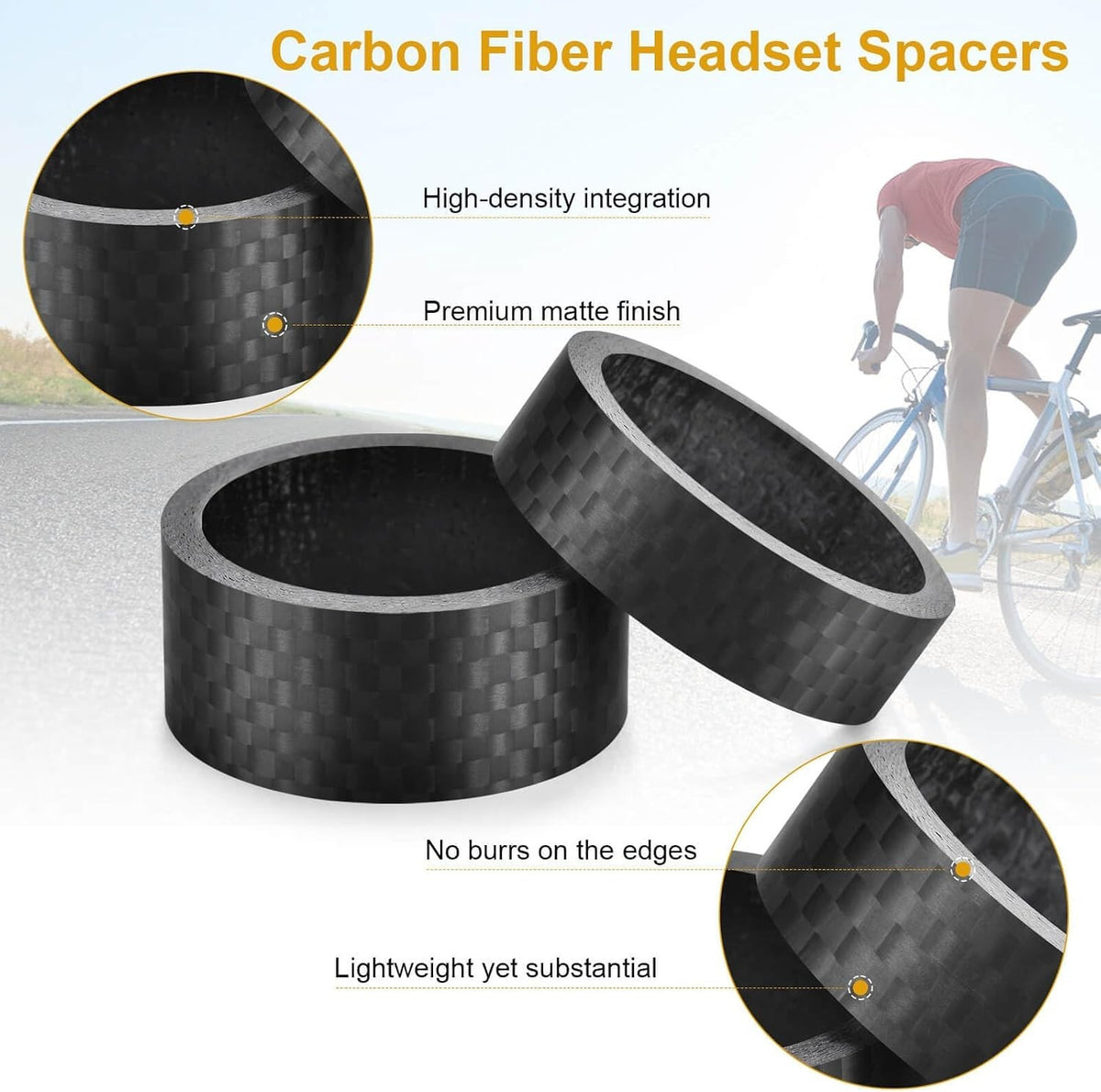 Bike Carbon Fiber Headset Spacers Set - 6 Sizes for 1-1/8 Inch Stems, Matte Black