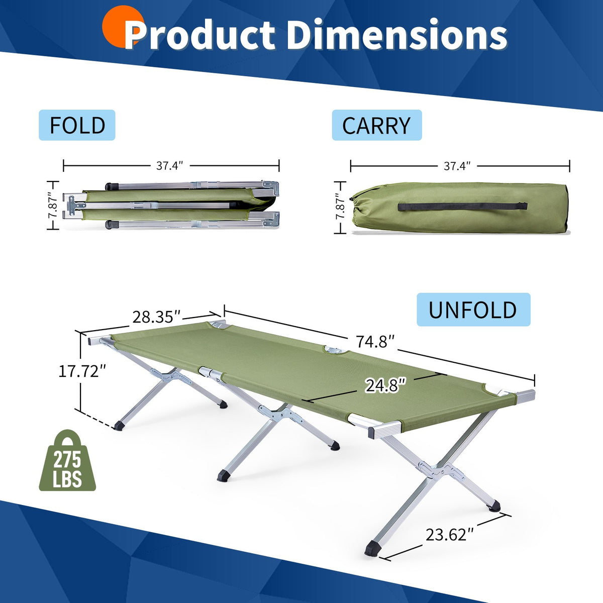 Portable Folding Camping Cot with Carrying Bag - Military Outdoor Bed