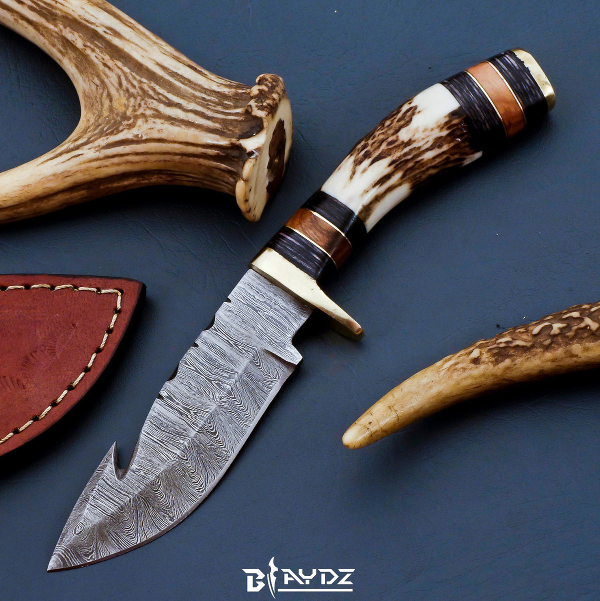 Damascus Steel Hunting Knife with Stag Antler Handle and Leather Sheath - Fixed Blade