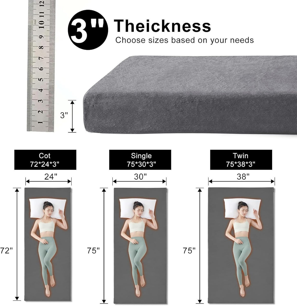 Memory Foam Camping Mattress Pad - 3 Inch Portable Sleeping Pad for Hiking & Travel