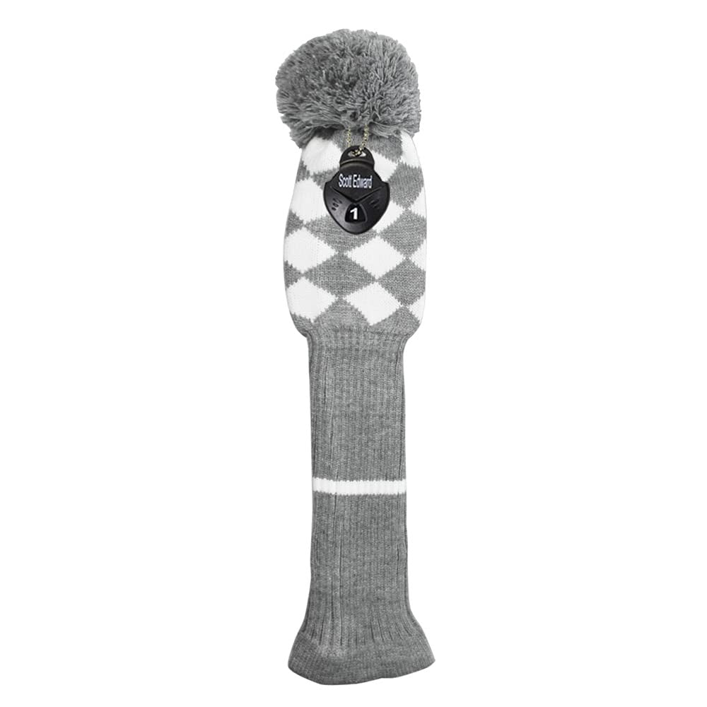 Golf Fairway Wood Club Protector Knit Pom Cover Grey White Argyle