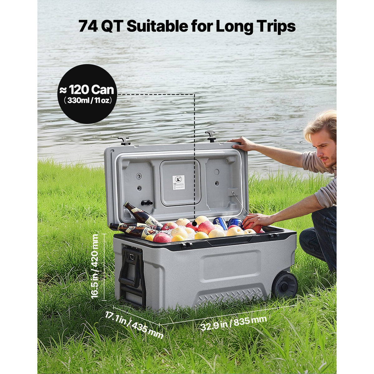 Portable Cooler 74 QT Insulated Wheeled Cooler for 120 Cans, Outdoor Use