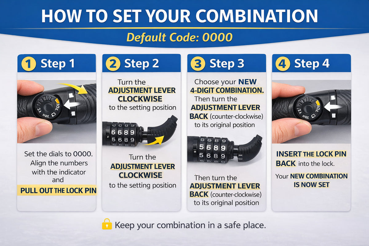 4FT Steel Bicycle Lock Cable with 4-Digit Resettable Combination - Heavy Duty Security