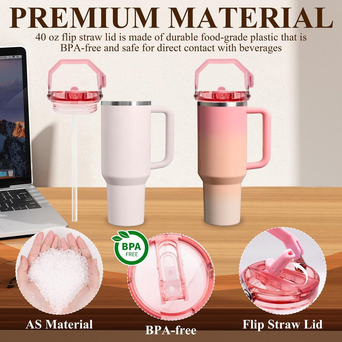 Leakproof Flip Straw Lid with Handle for 40oz Stanley Quencher Pink