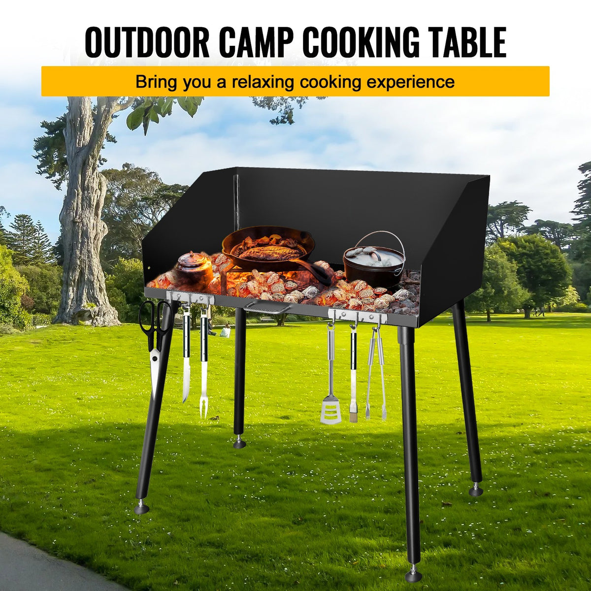 Camping Cooking Table with Windshield - 30x16 Inch Carbon Steel Portable Table