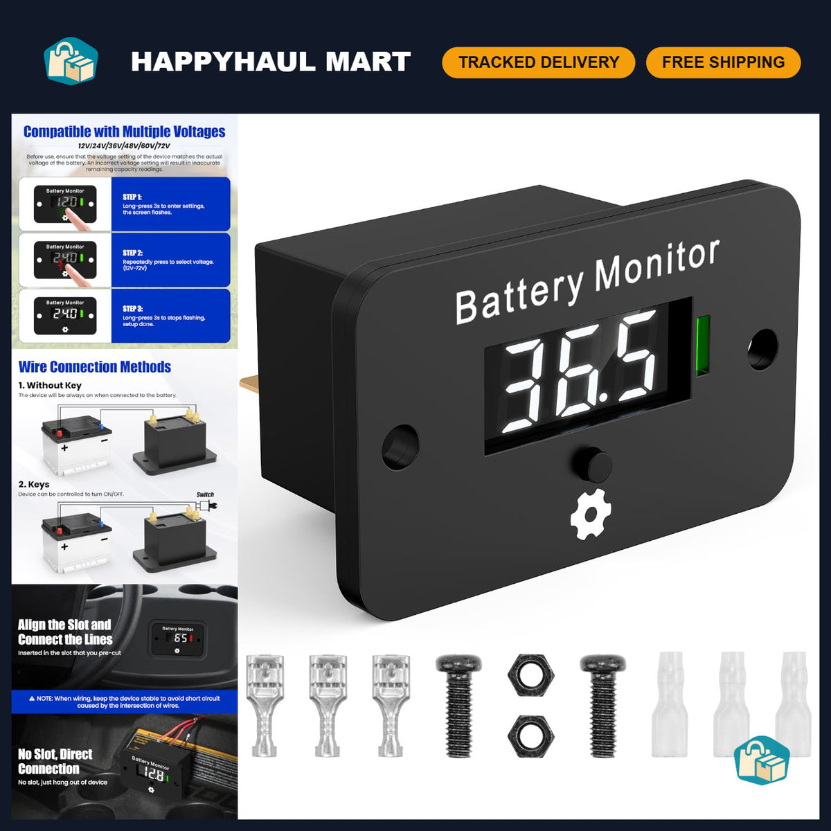 Waterproof 12V-72V Digital Battery Monitor for Golf Carts & Electric Vehicles