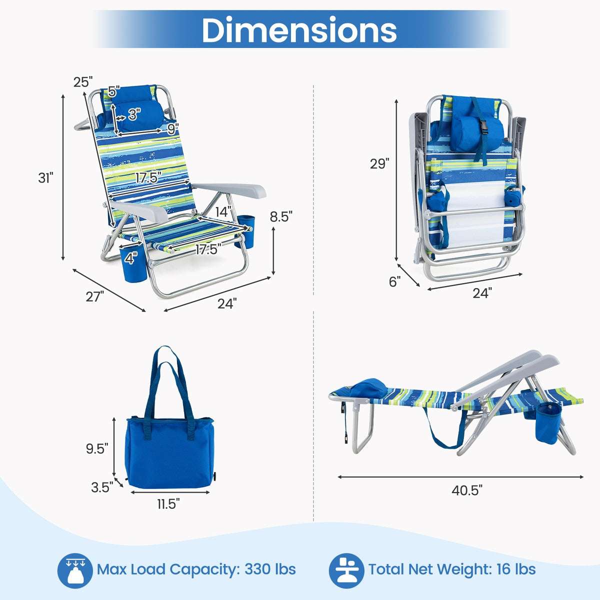 Portable Folding Beach Chair with Cooler Bag & Adjustable Backrest