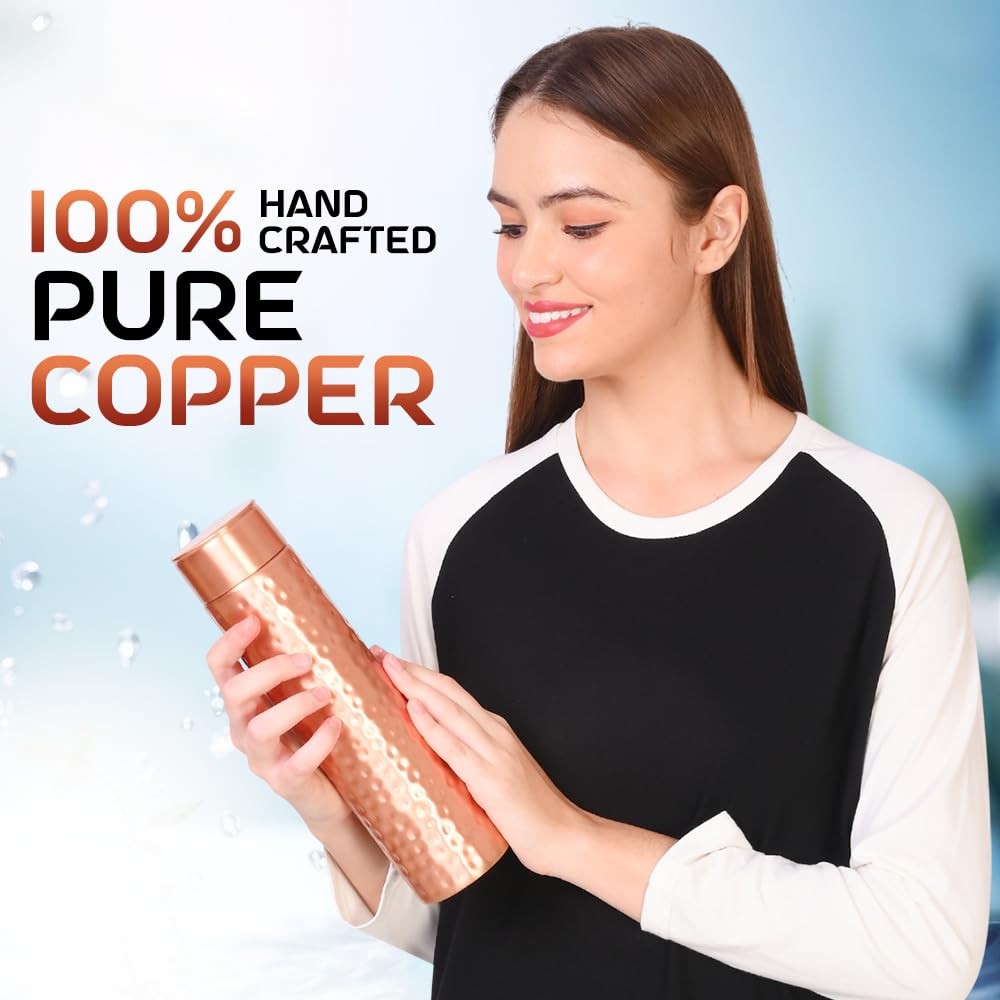 Pure Copper Water Bottle 37.2 OZ Handmade Hammered Finish Leak-Proof Travel Flask