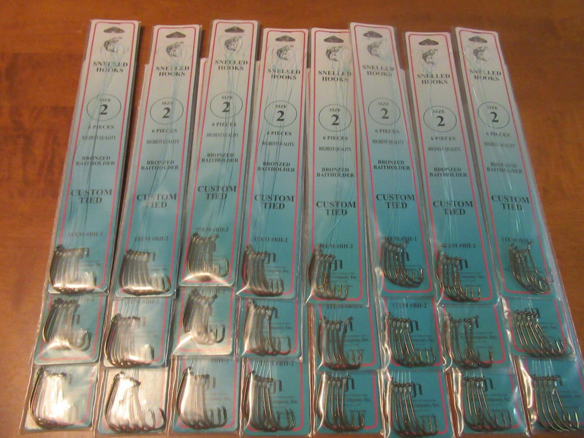 144 Snellled Fish Hooks in Assorted Sizes - Bronze Bait Holder Hooks, 6 Pack