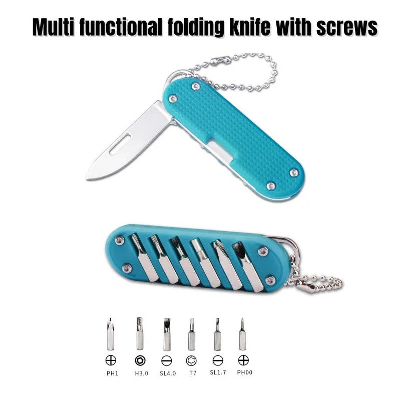 Multifunctional Folding Knife Keychain Tool with Screwdriver - Stainless Steel, Compact EDC