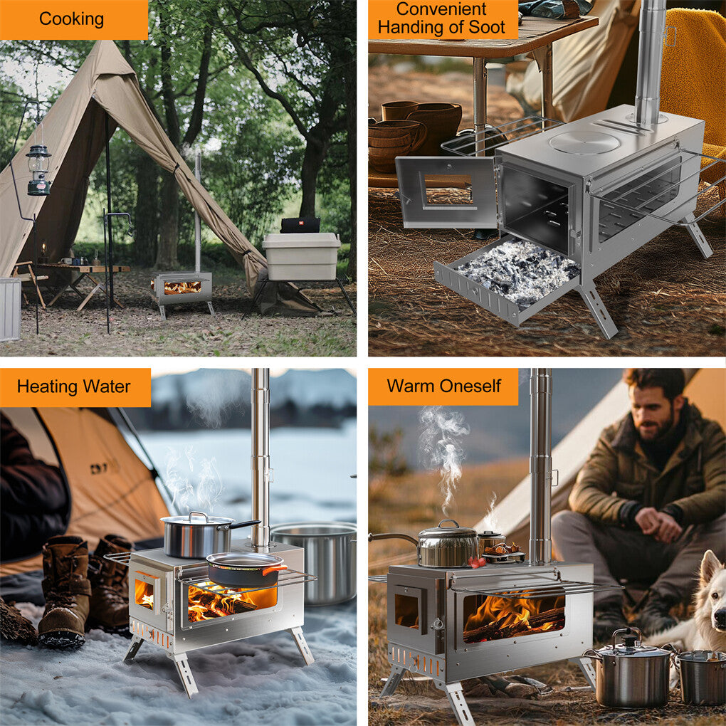 Large Portable Camping Wood Stove with Stainless Steel Chimney Pipe