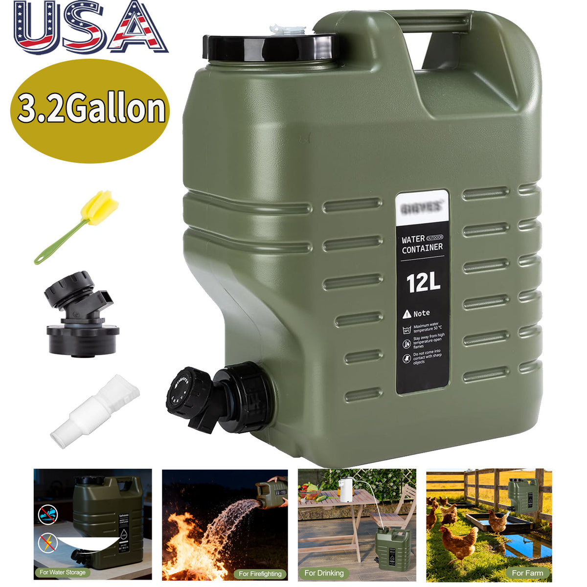 3.2-Gallon Portable Camping Water Jug with Spigot - Leak-Proof, Food Grade, Green