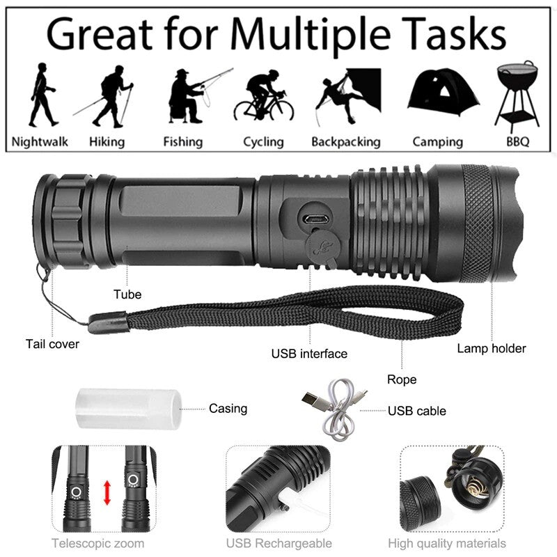 90000LM High Brightness LED Tactical Flashlight with Rechargeable Battery