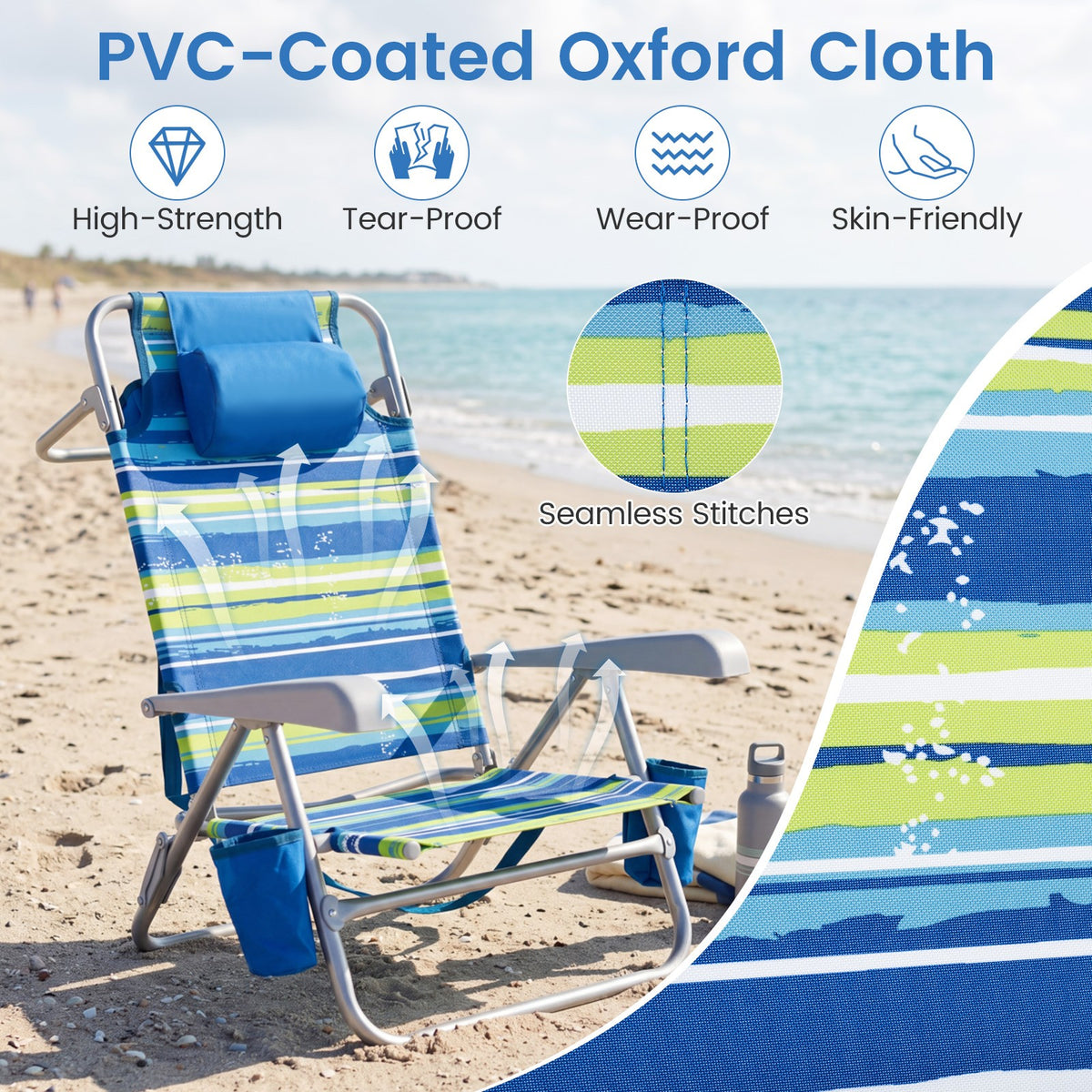 Portable Folding Beach Chair with Cooler Bag & Adjustable Backrest