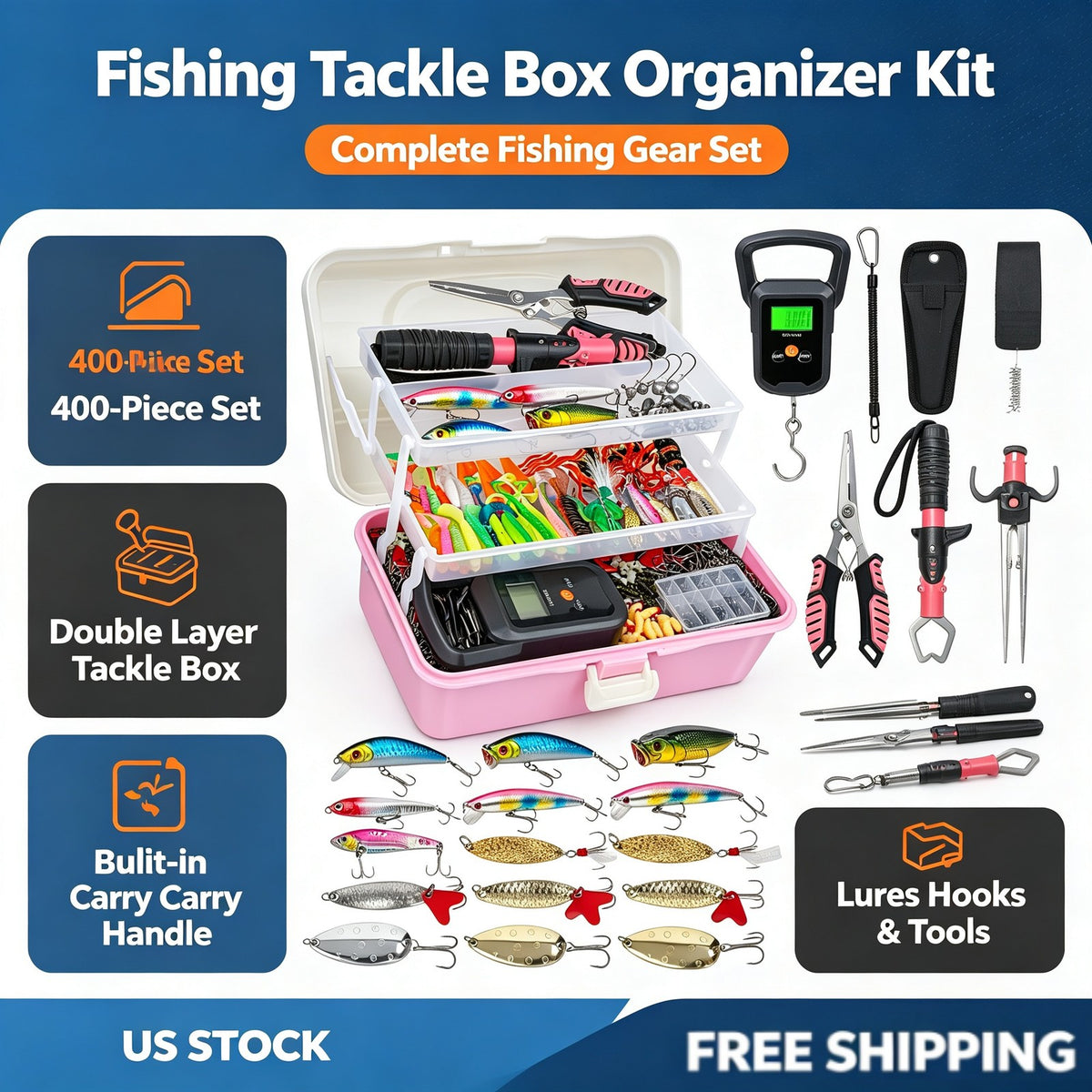 400-Piece Fishing Tackle Kit with 3-Layer Storage Box and Pliers - Women Gift