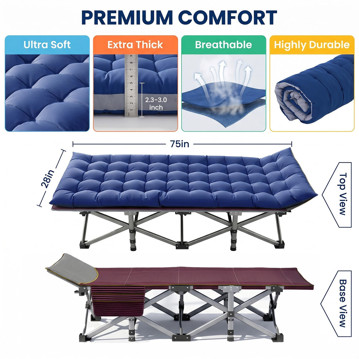 Heavy-Duty Camping Cot for Adults with Foldable Mattress and Adjustable Backrest