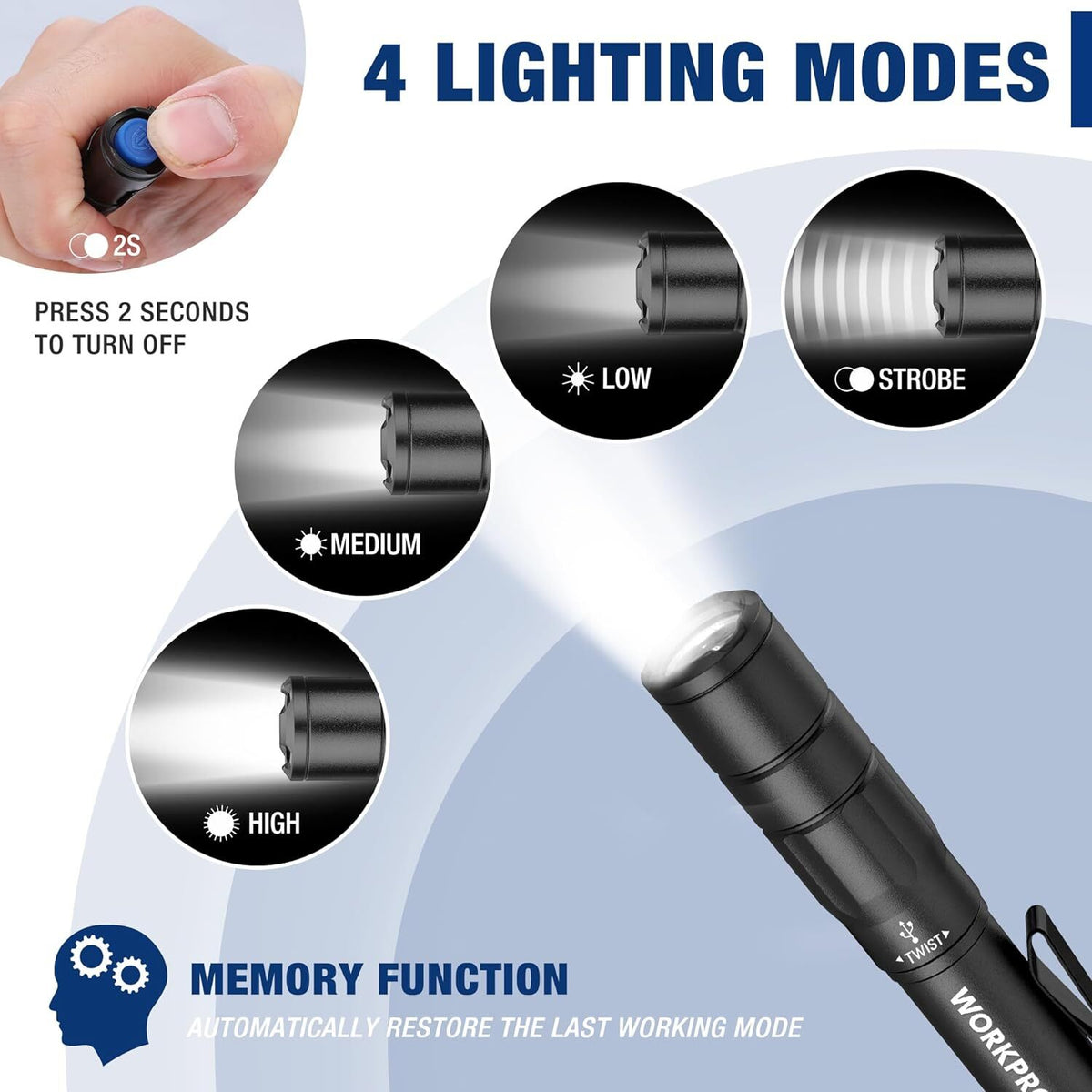 Rechargeable Mini LED Flashlight - Compact EDC Pen Light with 4 Modes, IPX4 Water Resistance