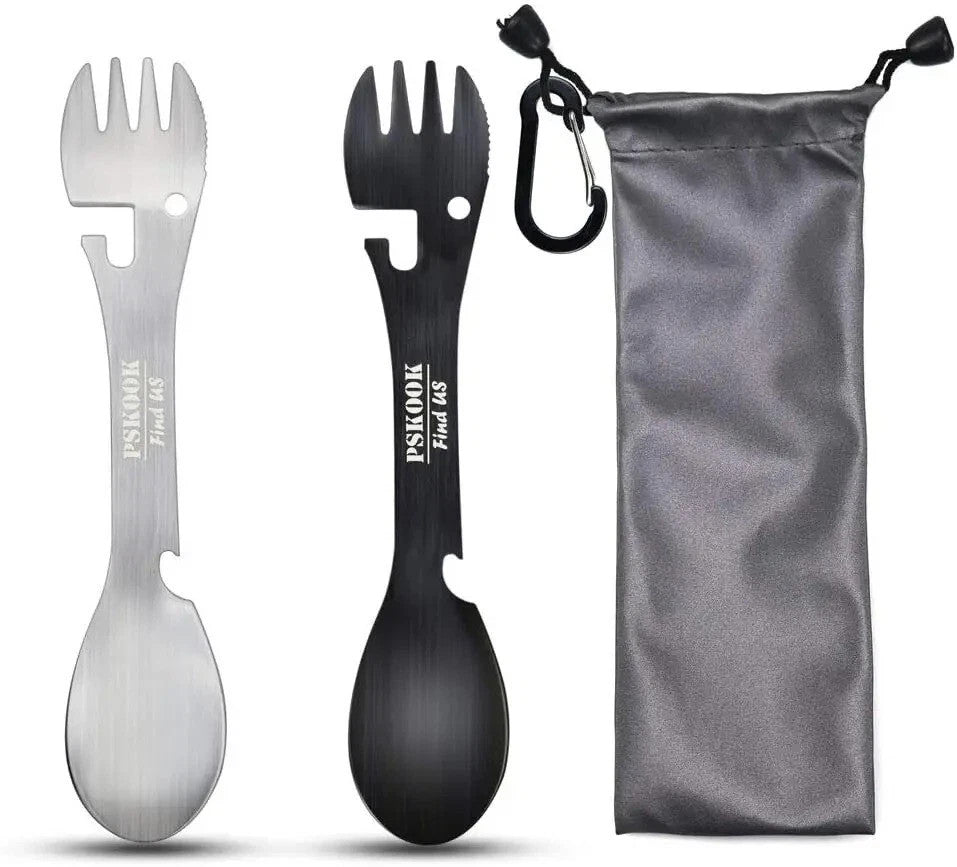 5-in-1 Stainless Steel Camping Spork Set with Bottle Opener & Carabiner