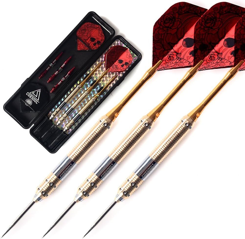 Dragon Series 21g Steel Tip Darts Set - Red Brass Barrels, 3 Darts + 6 Shafts & Flights