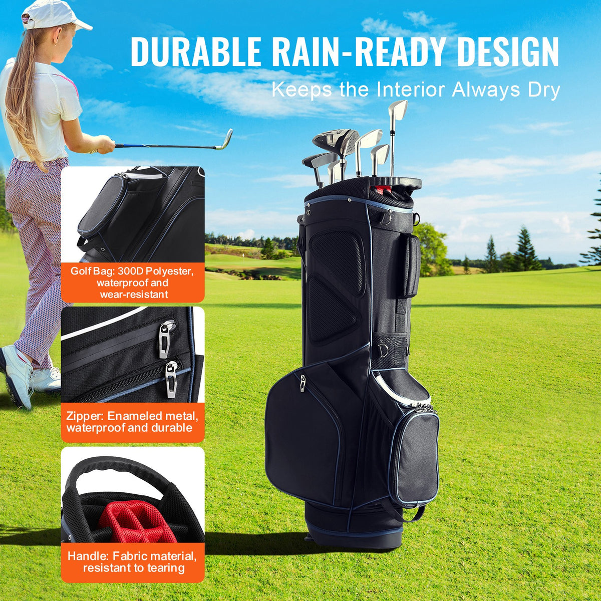 35-Inch Golf Cart Bag with 14-Way Divider and Storage Pockets - Water-Resistant, Black & White