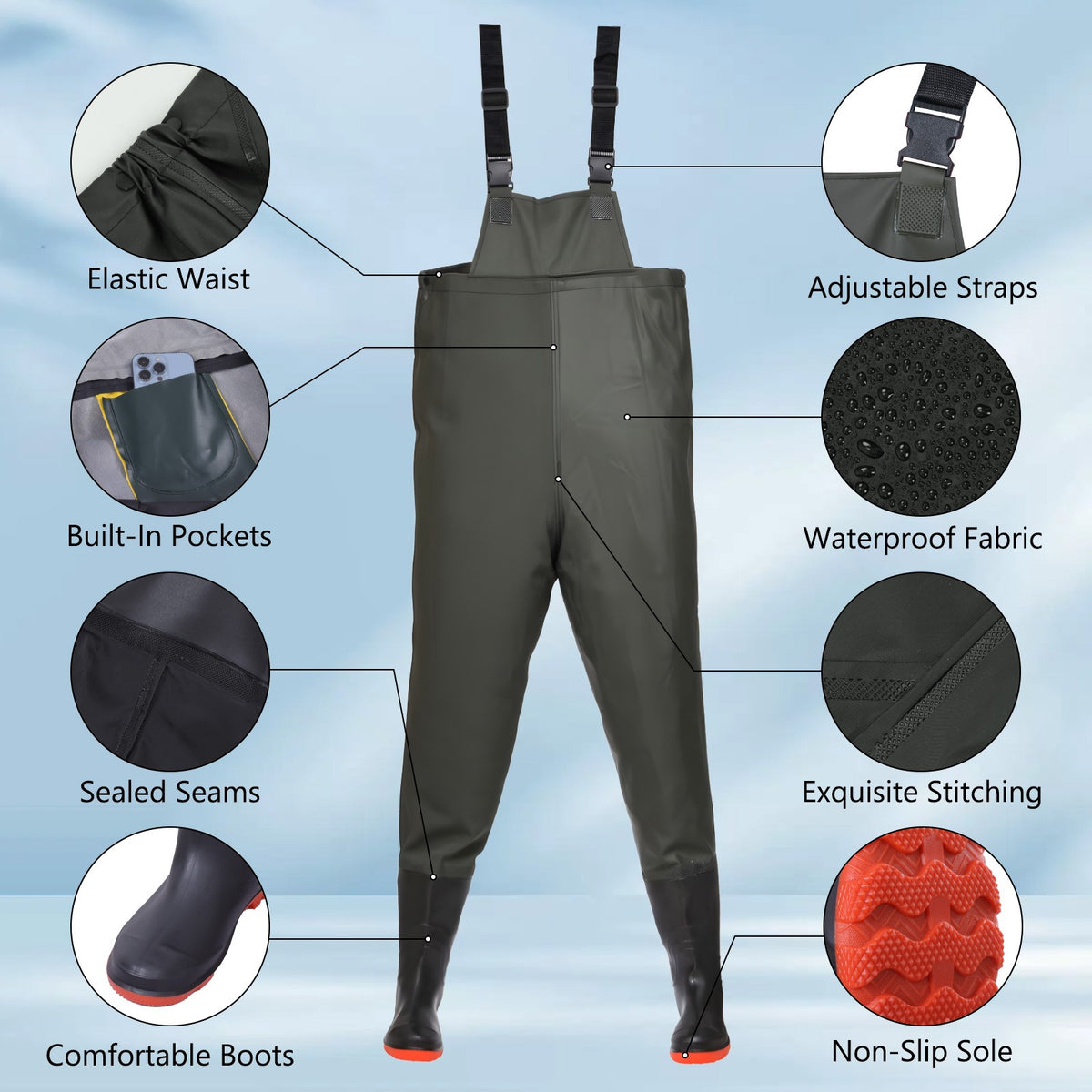 Waterproof Fishing Waders with Boots Men & Women 2-Ply Nylon PVC Chest Gear