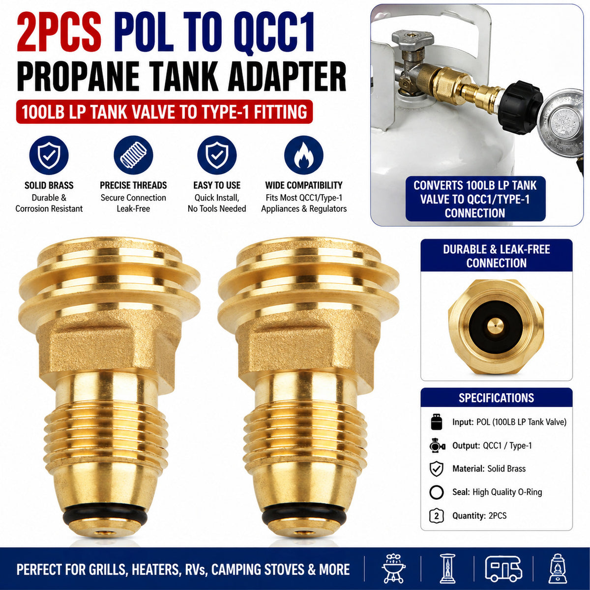 2PCS Propane Tank Adapter 100LB LP to Type-1 Fitting Brass Conversion