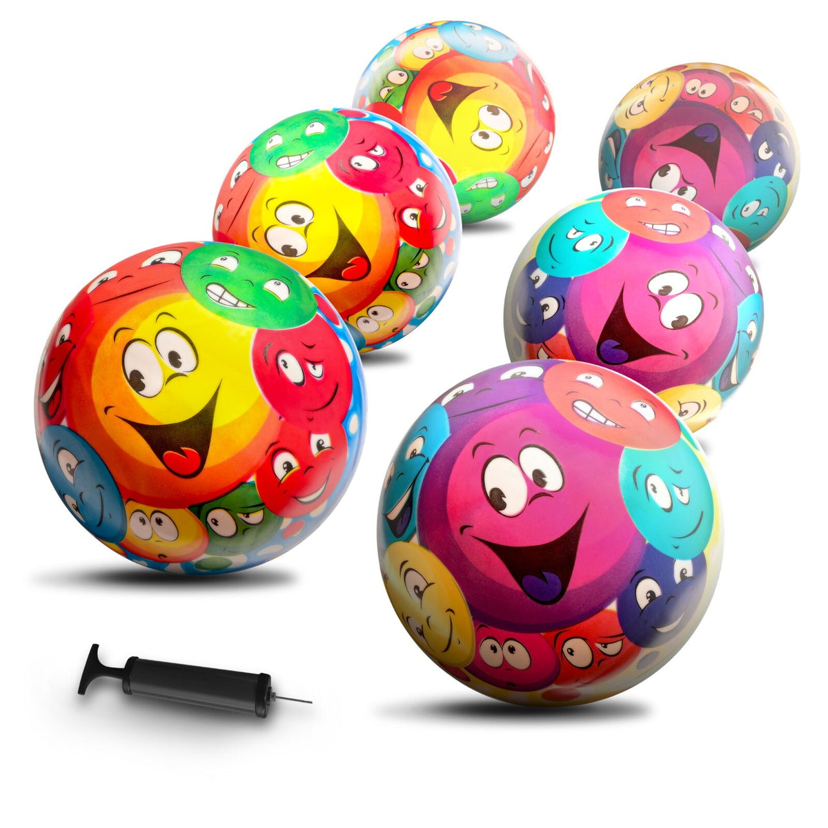 Kids Playground Bouncy Balls Set of 6 with Pump & Pins - Colorful Smiley Rubber Balls for Outdoor & Indoor Play