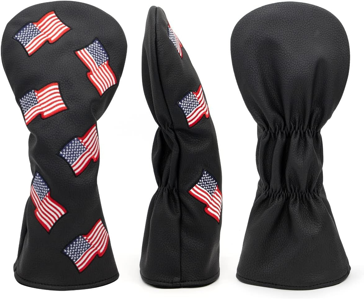 Patriotic Golf Club Head Cover Set USA Flag Driver Fairway Hybrid Black