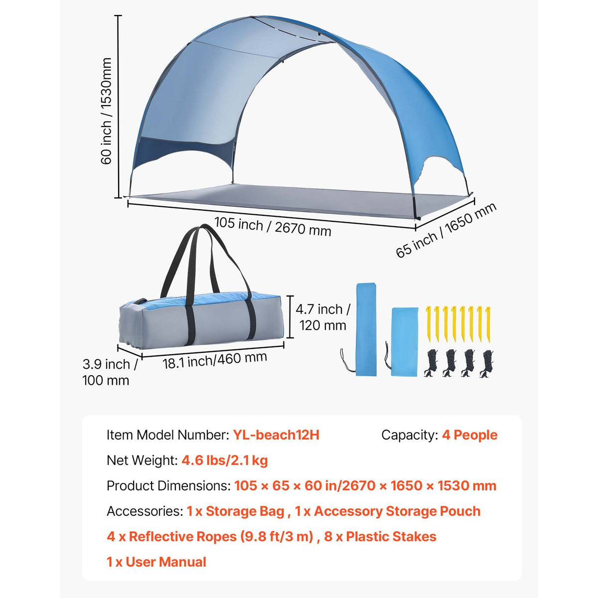 Portable Beach Tent Sun Shelter with UPF 50+ Protection for 4 People