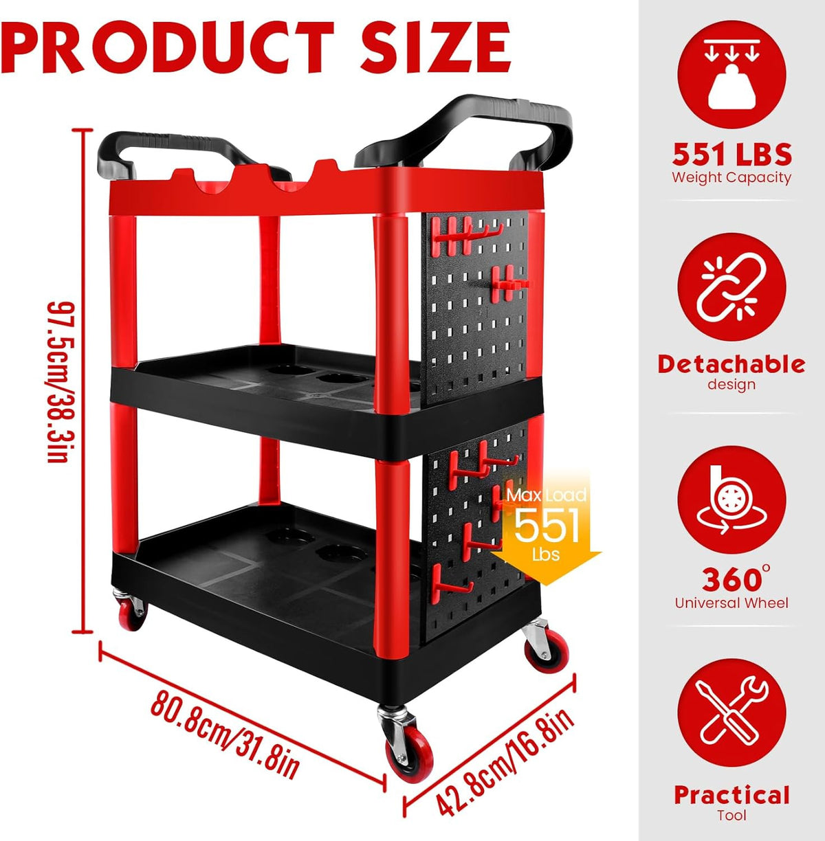 Auto Detailing Cart with Wheels - 3 Tier Garage & Workshop Storage