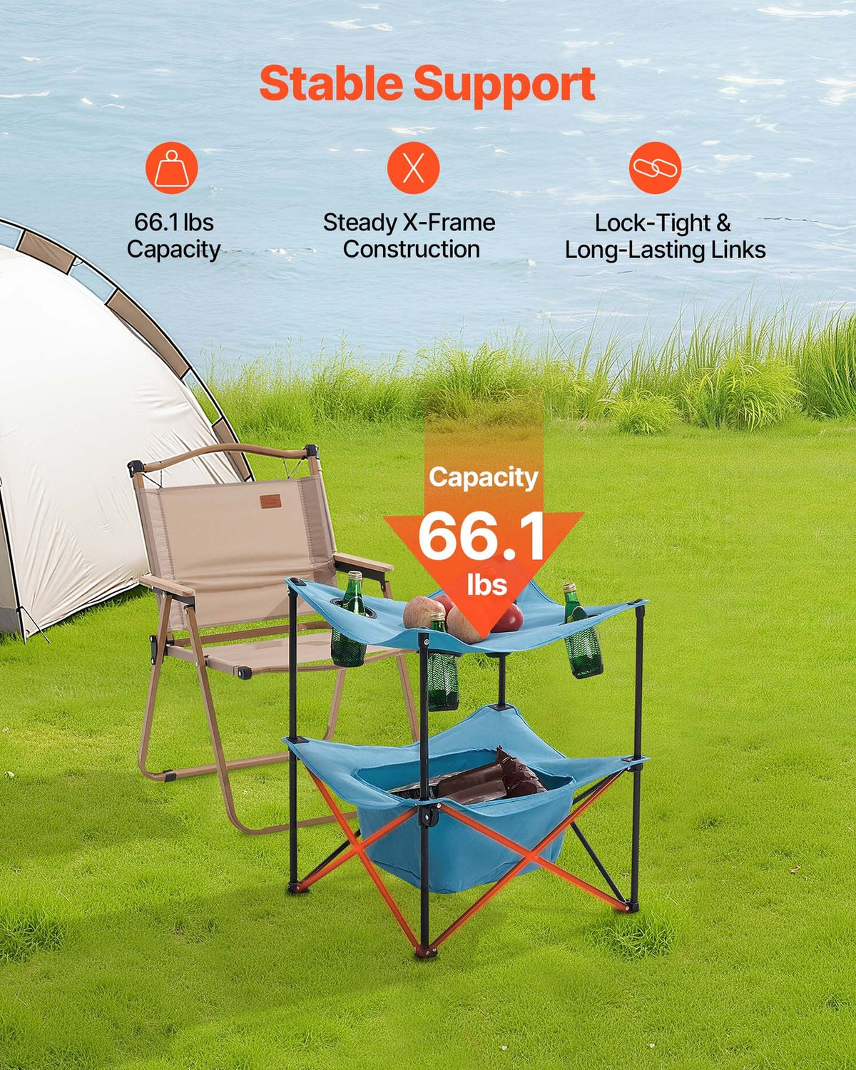 Portable Camping Table with Cup Holders, Foldable Outdoor Square Table