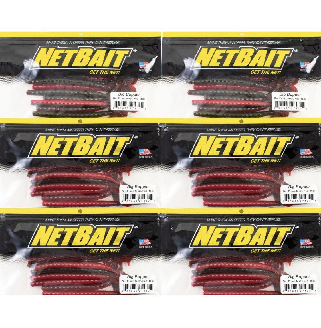 NetBait Big Bopper 5.75-Inch Soft Plastic Worms - Green Pumpkin & Texas Red, Pack of 6