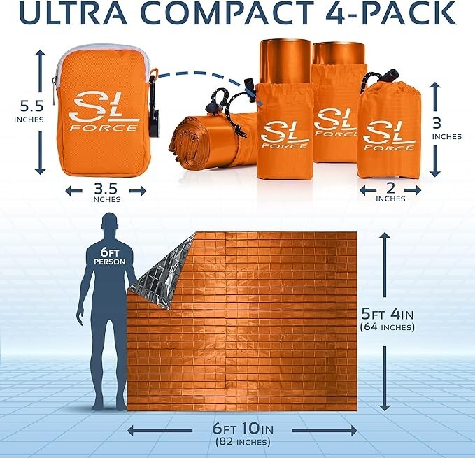 Emergency Space Blankets Pack of 4 - Extra Large Survival Mylar Reflective Blankets, Waterproof & Portable