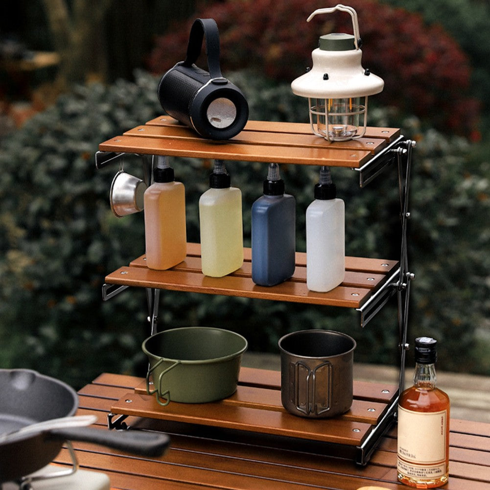 3-Tier Portable Camping Storage Rack Foldable Wooden Countertop Organizer