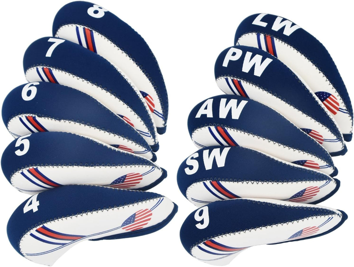 Golf Iron Head Covers Set - Neoprene Protective Wedge & Iron Covers with US Flag Design