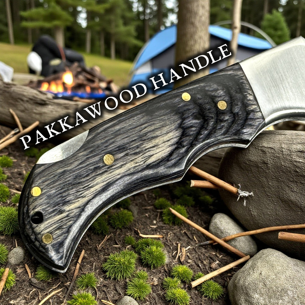 Handmade Damascus Folding Knife with Carved Pattern Blade and Wood Handle