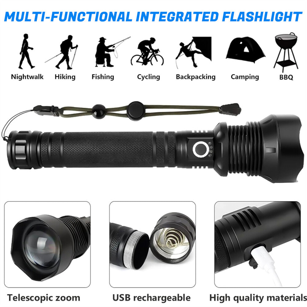 1200000LMS Super Bright Rechargeable LED Flashlight with Zoom, IPX7 Waterproof, Tactical Torch