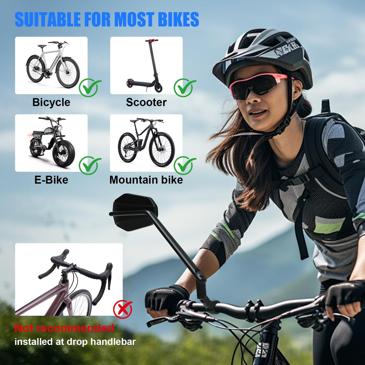 HD Wide Angle Bicycle Rearview Mirror with Long Arm - 360° Adjustable Handlebar Mirror for Mountain Road Electric Bikes