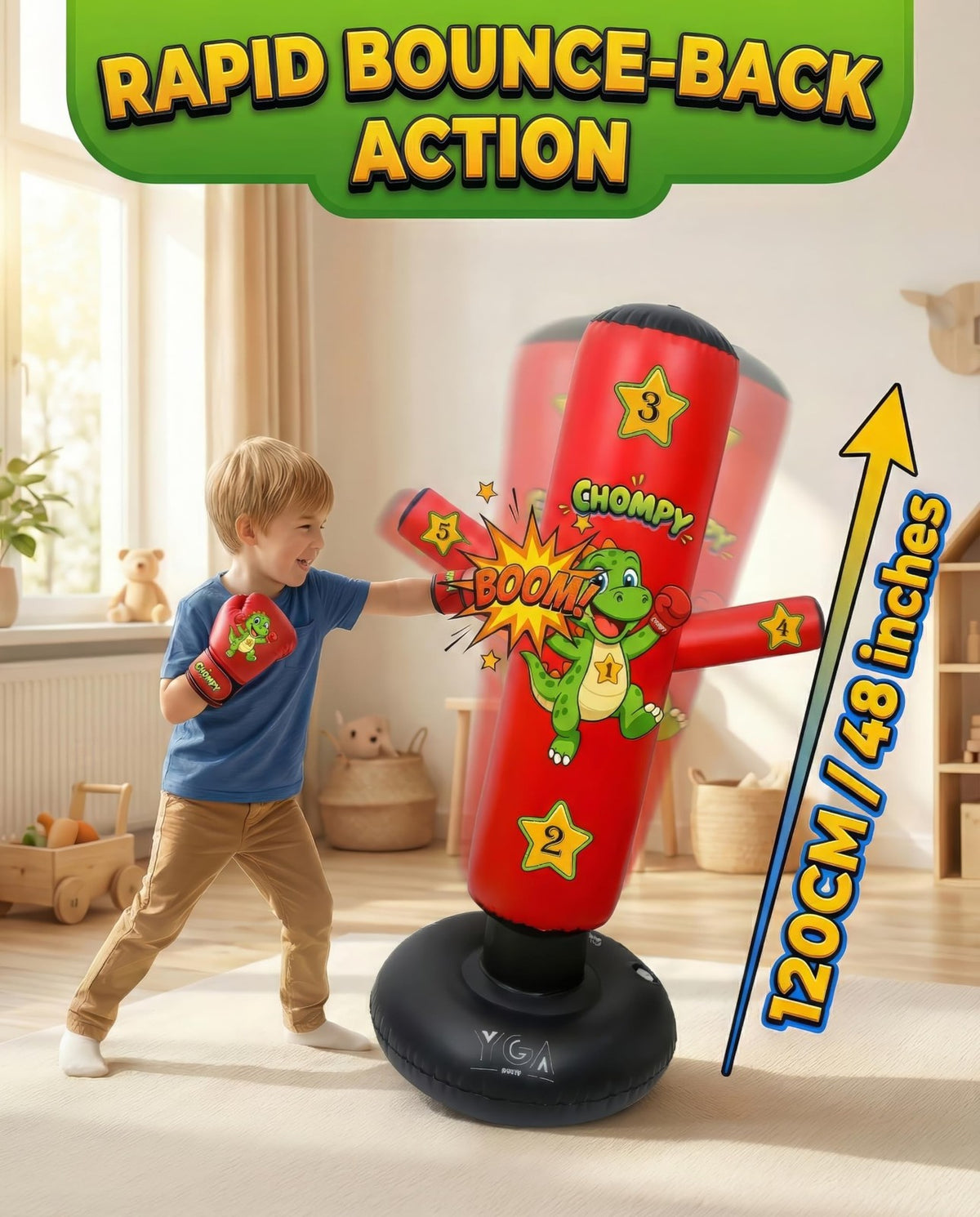Kids Punching Bag 48 Inch Dino Dinosaur with Gloves for Martial Arts Play