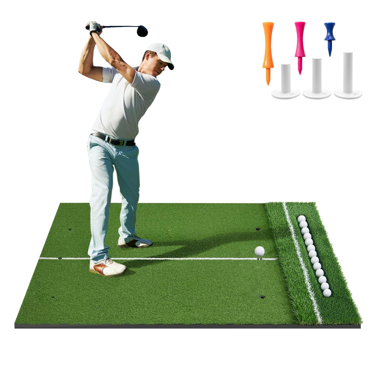 Golf Hitting Mat Dual Turf with Ball Tray - Practice and Training