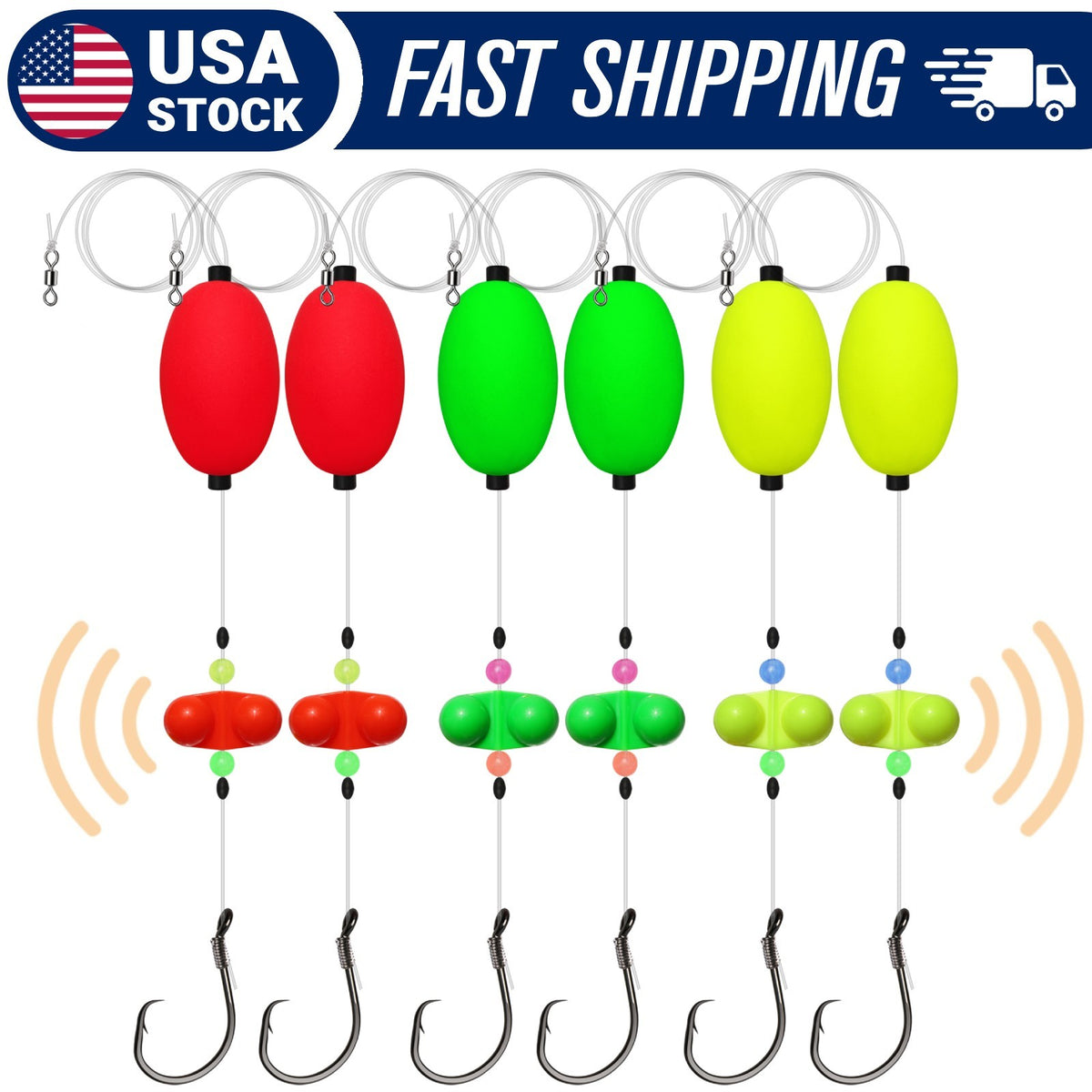 Catfish Rig with Oval Float & 8/0 Circle Hooks - Double Rattle Beads, Ready Tied Fishing Tackle