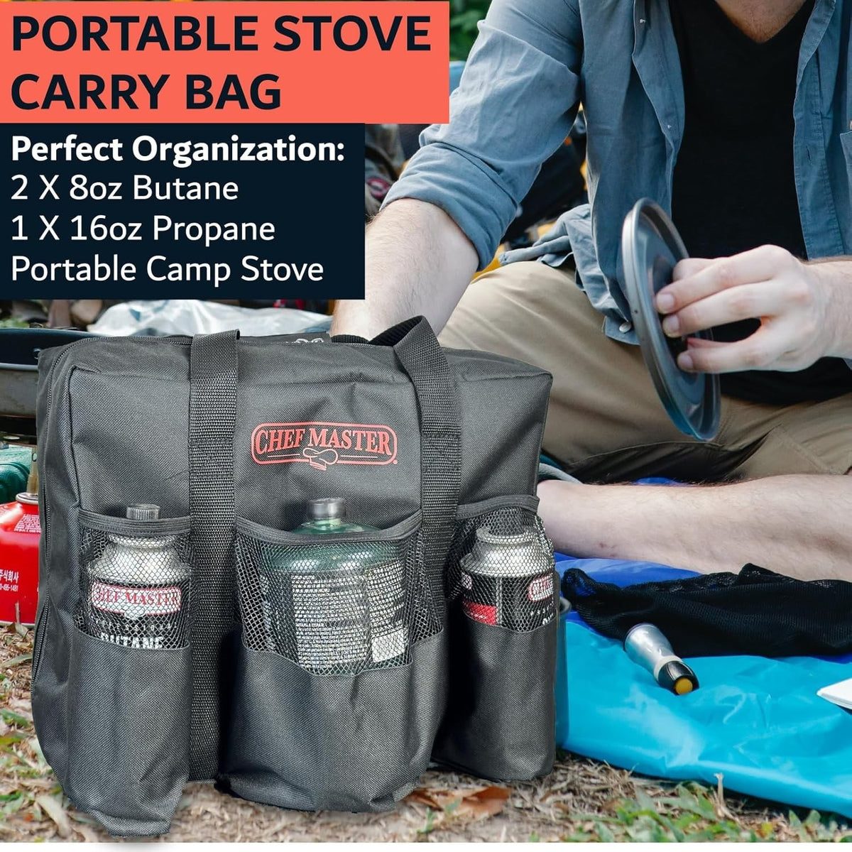 Camping Stove Carry Bag with Multiple Pockets for Fuel Canisters