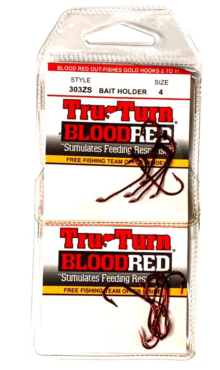 2 Packs Blood Red Size 4 Bait Holder Hooks - Fishing Accessories, 6 Count Each