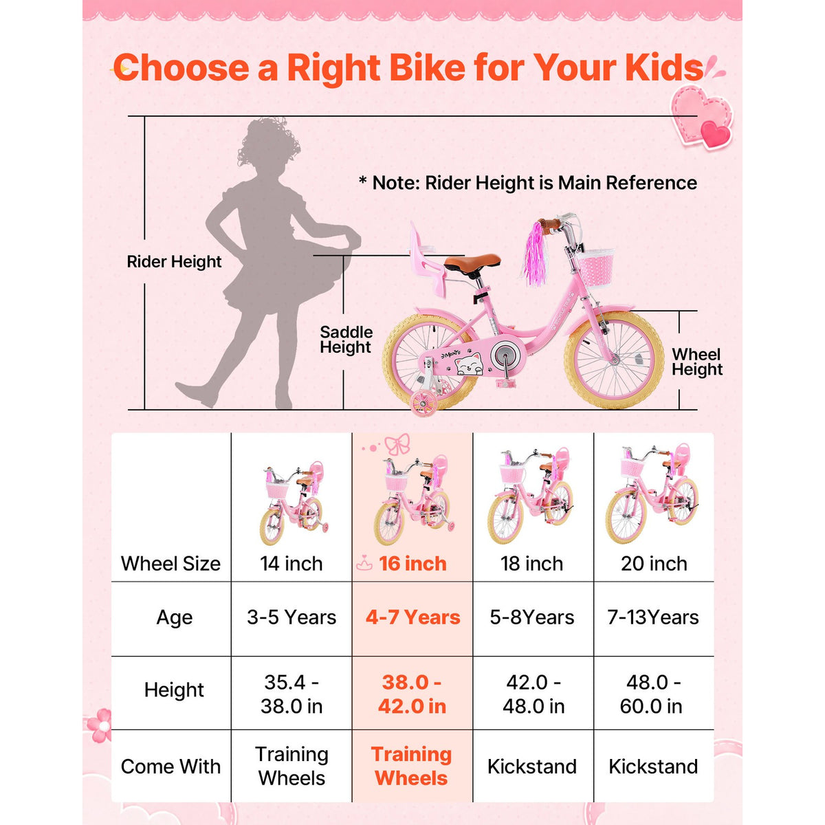 Kids' 16-Inch Bicycle with Training Wheels for Girls, Dual Brakes, Pink